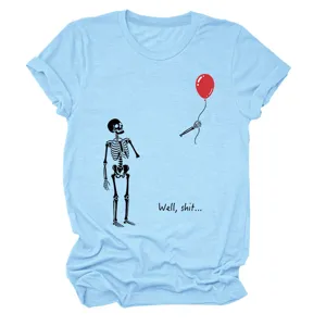 Light blue casual short sleeve t-shirt with funny skeleton and red balloon graphic print.