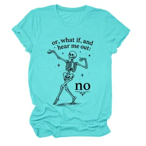 Detailed view of the turquoise short-sleeve t-shirt featuring a fun dancing skeleton graphic.