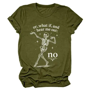 Women's graphic short sleeve t-shirt featuring a funny dancing skeleton print and casual crewneck.