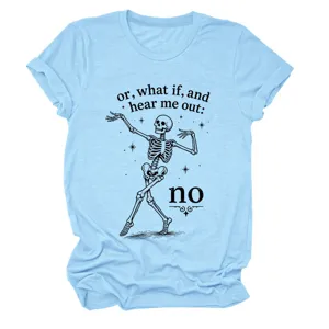 Close-up detail view of light blue short sleeve t-shirt with funny skeleton graphic print.