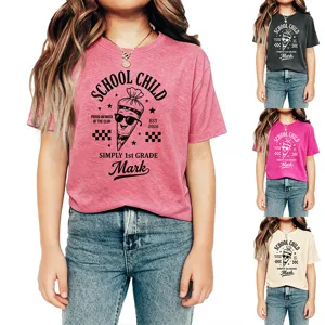 Kids short sleeve t-shirt with school child graphic design, comfortable casual summer apparel.