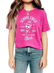 Kids bright pink short sleeve t-shirt featuring school child graphic print for daily wear.