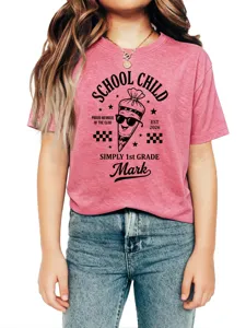 Cute school child graphic short sleeve t-shirt for kids, comfortable casual cotton top.