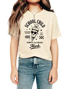 Detailed view of the cute school child graphic print on comfortable kids cotton t-shirt.