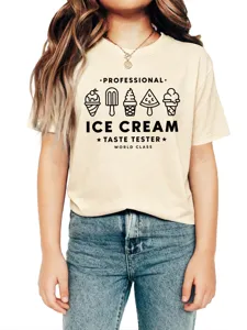 Comoda t-shirt a maniche corte per bambini con stampa gelato, top beige casual giornaliero.
