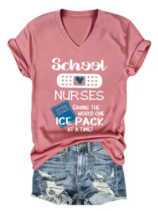 Maglietta donna casual collo V manica corta con stampa infermiera di scuola top