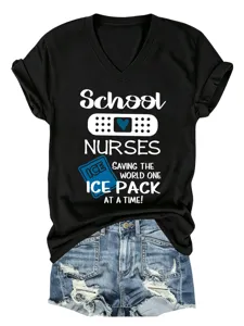 Donna infermiera scolastica maglietta manica corta scollo V casual top grafico quotidiano