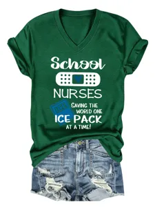 Maglietta grafica con scollo a V a maniche corta da donna infermiere scolastiche top.