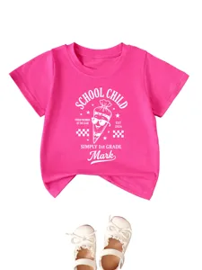 Kids bright pink short sleeve t-shirt with school child print and custom name design.