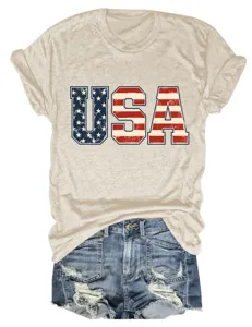 Γυναικείο casual κοντομάνικο t-shirt με vintage τύπωμα γράμματα USA και τζιν σορτς.