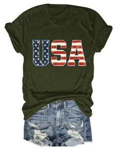 Γυναικείο χακί κοντομάνικο T-shirt με στρογγυλή λαιμόκοψη και ρετρό στάμπα USA flag.