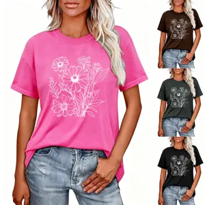 Maglietta maniche corte estiva donna casual con elegante design di stampa bouquet di fiori.