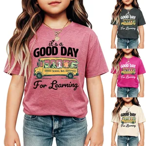 Kids graphic short sleeve t-shirt featuring a fun school bus animal print for everyday wear.