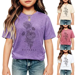 Kids casual short sleeve t-shirt featuring october flower graphic print crewneck top for girls.