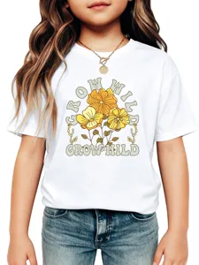 Kids casual white short sleeve t-shirt with vintage floral graphic print and round collar daily wear.