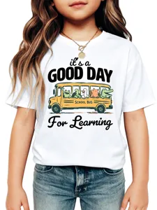Cute kids graphic t-shirt featuring school bus and animals design for boys and girls.