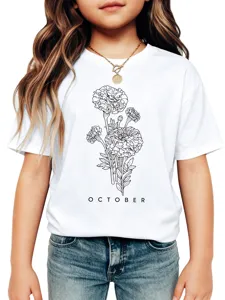 Girls casual white short sleeve t-shirt with October flower graphic and round neck design.