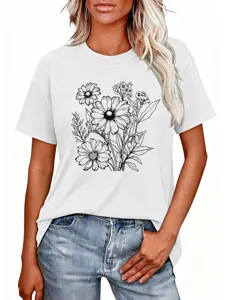 Maglietta donna bianca manica corta con grafica floreale line art dettaglio estate.