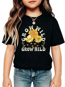 Kids black short sleeve t-shirt with cute yellow flower graphic and letter print casual top.