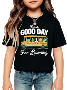 Kids cute school bus graphic short sleeve t-shirt casual cotton top for boys and girls