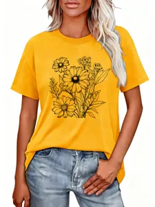 Maglietta donna manica corta gialla top estivo casual con stampa floreale botanica lineart