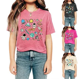 Detail view of kids space print short sleeve t-shirt featuring cute astronaut and planet designs.