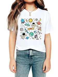Kids white space cartoon print short sleeve t-shirt children casual crewneck top detail