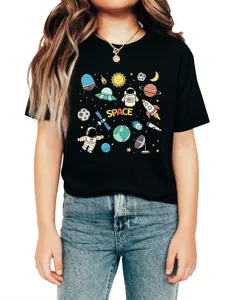 Unisex black short sleeve t-shirt with colorful cartoon space astronaut planet print.