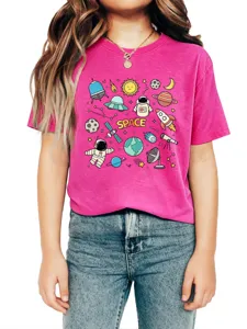 Kids space astronaut print short sleeve pink t-shirt casual summer top for boys and girls.