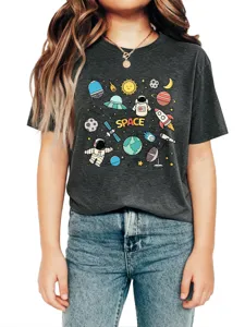 Kids casual space theme graphic crewneck short sleeve t-shirt, fashionable neutral wear.
