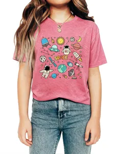 Detailed view of kids space cartoon graphic t-shirt showing astronaut and planet print.
