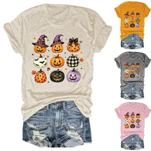 Vista detallada de camiseta casual de manga corta cuello redondo calabaza Halloween top.