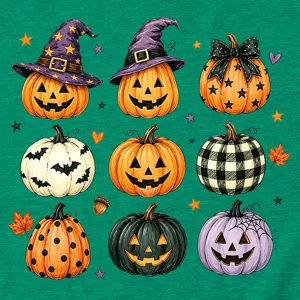 Detalle de impresión gráfica de calabaza de Halloween en tela verde, moda festiva.