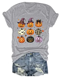 Camiseta gris de manga corta para mujer con bonito estampado de calabaza de Halloween