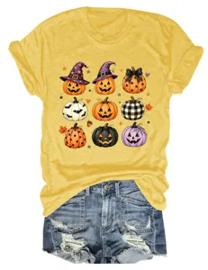 Camiseta casual de manga corta para mujer con estampado gráfico de calabaza de Halloween.
