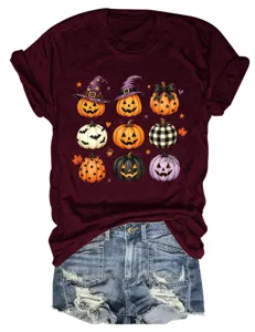Mujer Halloween Calabaza Gráfico Manga Corta Camiseta Cuello Redondo Top Casual