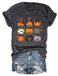 Camiseta casual gris oscuro para mujer con estampado de calabazas de Halloween
