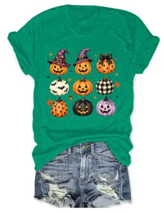 Camiseta verde informal de manga corta para mujer con bonito estampado de calabaza.