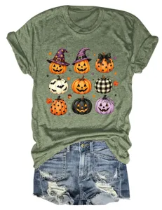 Camiseta verde oliva de manga corta para mujer con gráfico de calabaza de Halloween top