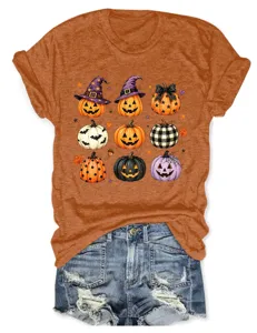 Camiseta casual de mujer calabaza sombrero mágico cuello redondo manga corta detalle.