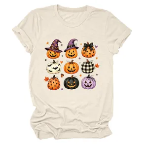Camiseta casual de manga corta para mujer con estampado de calabaza de Halloween.