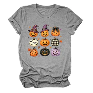 Moderna Camiseta Top Casual Manga Corta Cuello Redondo Estampado Calabazas Halloween