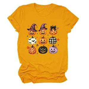 Camiseta informal de manga corta y cuello redondo para mujer con estampado de calabaza.