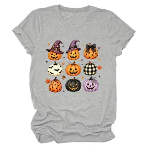 Mujer casual gris camiseta de manga corta con lindo estampado de calabaza de Halloween.