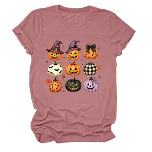 Camiseta casual de manga corta y cuello redondo para mujer con estampado de calabaza.