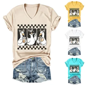 Γυναικείο casual t-shirt V-neck με χαριτωμένη στάμπα πάπιας και πολλαπλές χρωματικές επιλογές.