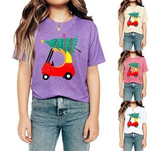 Kids Christmas Tree Cartoon Graphic Short Sleeve T-Shirt Casual Round Neck Tee Top