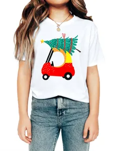 Kids white short sleeve t-shirt detail featuring festive Christmas tree car print design.