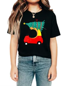 Close-up of the front Christmas tree graphic and black cotton fabric texture on the kids t-shirt.