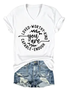 Dames V-Hals Korte Mouw Inspirerend Citaat Print T-Shirt Casual Zomer Top voor Dames